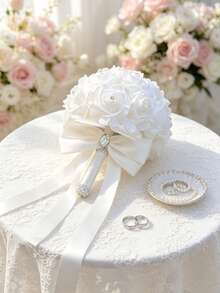 White Artificial Rose Bridal Bouquet, Rhinestone Decorated Satin Bow Long Ribbon Wedding Bouquet, Suitable For Bride Wedding Ceremony Party Decoration - Multicolor - View 2
