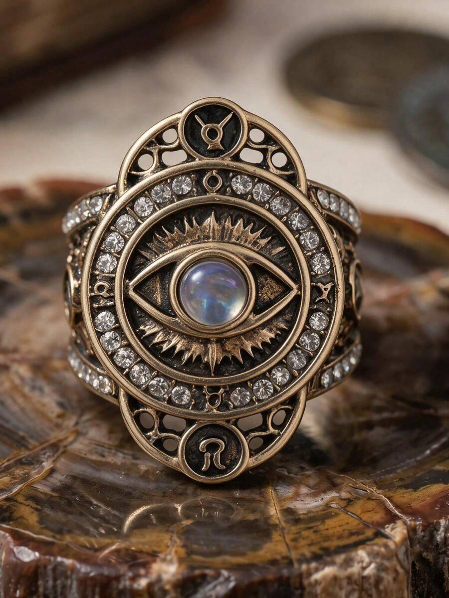 1pc Men's Single Ring, Metal Inlaid CZ Fashion Personalized Vintage Hollow Demon Eye Ring, Party Accessory, Halloween Jewelry - Multicolor - View 1