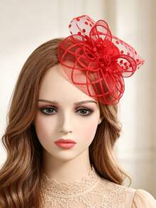 1pc Women's Tea Party Headband Kentucky Derby Hat Floral Mesh Hair Clip Wedding Accessory - Red - View 1