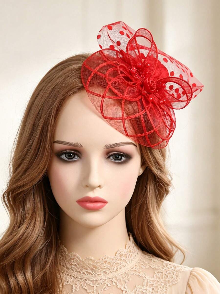 1pc Women's Tea Party Headband Kentucky Derby Hat Floral Mesh Hair Clip Wedding Accessory - Red - View 1