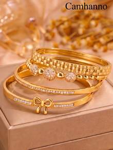4/1pc Ladies' 18K Gold Plated Stainless Steel And Copper Bracelet Exquisite Multi Style Combination Set Temperament Layered Commuting Bracelet - Gold - View 3