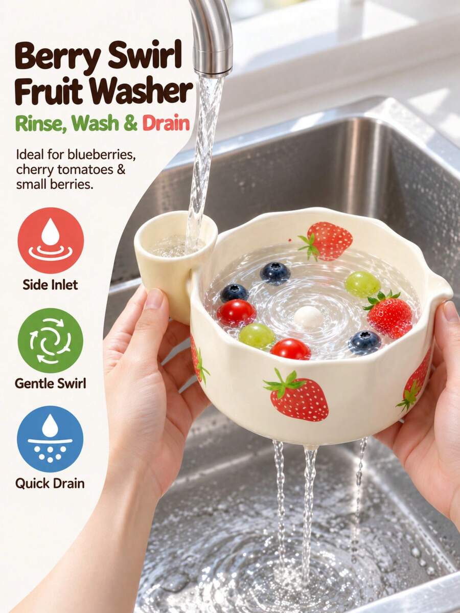 1 Set Ceramic Rotating Berry Washing Bowl With Matching Draining Mat, 360° Vortex Fruit & Vegetable Washer Strainer Basket, Side Water Inlet & Outlet, Suitable For Strawberries, Blueberries, Grapes, Cherries, Kitchen Countertop Use