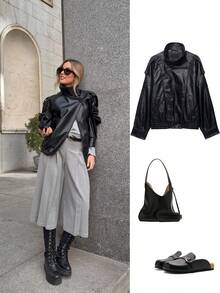 ACKCER Women's Black Asymmetric Placket Stand Collar Drop Shoulder Elastic Ribbed Hem Loose Motorcycle Jacket, Autumn/Winter - Black - View 1