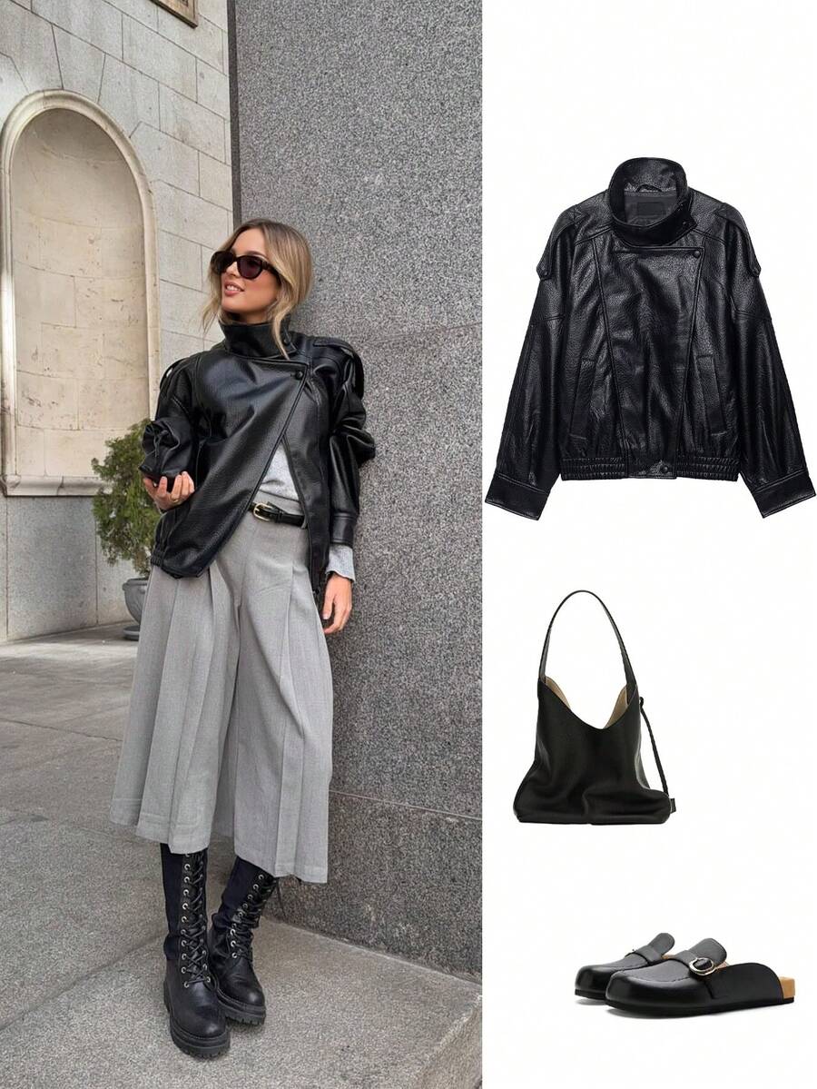 ACKCER Women's Black Asymmetric Placket Stand Collar Drop Shoulder Elastic Ribbed Hem Loose Motorcycle Jacket, Autumn/Winter - Black - View 1