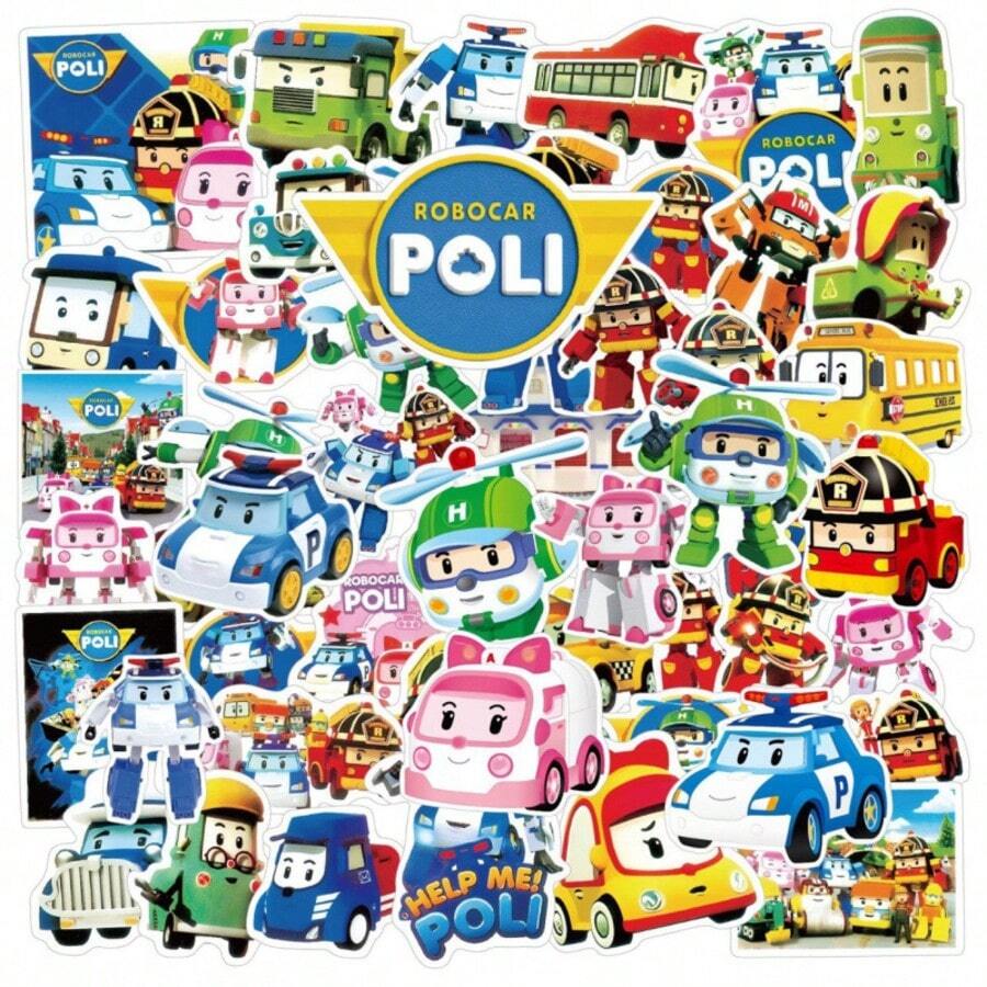asmodee 51pcs Poli Transforming Police Car Stickers Cartoon Animation Stickers For Children Picture Book Creative Scrapbook Stickers - Multicolor - View 1