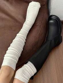 1 Pair Women's Vertical Striped Slouch Over-The-Knee Socks, Solid Color Roll-Up Knit Thigh High Socks, Elastic Soft Long Tube Boots Socks For Daily Wear - White - View 2