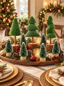 13Pcs Mini Christmas Tree, Tabletop Christmas Tree With Wooden Bases Artificial Mini Tree With 2 Sizes Christmas Table Decor Bottle Brush Trees For Christmas Decorations (Green Snow) - Multicolor - View 6
