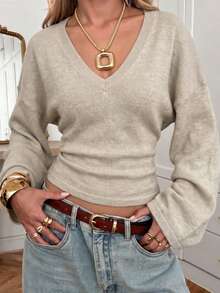 Women's New Autumn V-Neck Knit Sweater For Daily Commute, College, Travel - Dark Apricot - View 6