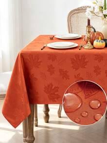 1pc Elegant Maple Leaf Pattern Jacquard Tablecloth, Water-Repellent Washable Polyester Fabric, Multiple Sizes Square Dining Table Cloth, Suitable For Various Decor, Gatherings, Outdoor, Parties Etc - Orange - View 1