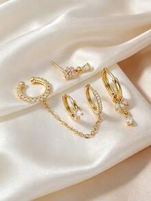4pcs Delicate Small Cubic Zirconia Flower Earrings Set, Fashionable Accessory For Dating, Gathering, Party Layering - Yellow Gold - View 4