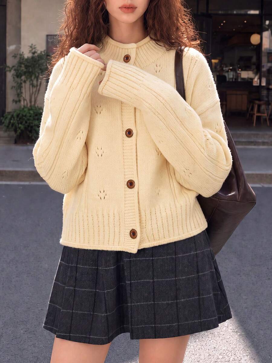 Women's Autumn Casual Gentle Minimalist Elegant Crew Neck Knit Cardigan - Yellow - View 1