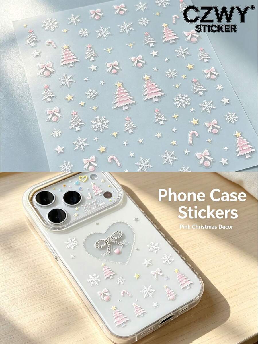 1pc Soft Pink Atmosphere Christmas Series Sticker, Light Pink Christmas Tree, Bow, Snowflake, Star Holiday Design, Adhesive Backing, Comes With Tweezers, Suitable For Phone, Earphone, Water Cup, Tablet Case Decoration - Sweet Christmas Style - View 1