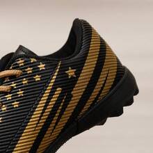 Black & Gold Star Print Kids Studded Soccer Shoes, Lace-Up Secure Fit, Anti-Slip Studded Outsole, Breathable Lining, Durable For Field Training And Matches - Black - View 4