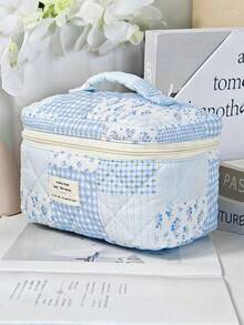 1pc/Set Blue Patchwork Pattern Makeup Bag, Fashionable Large Capacity Multi-Compartment Women's Handbag, Multi-Functional Travel Toiletry Bag, Storage Bag, Organizer Bag For Cosmetics, Makeup Tools And Other Items, Holiday Gift Souvenir - Blue - View 2