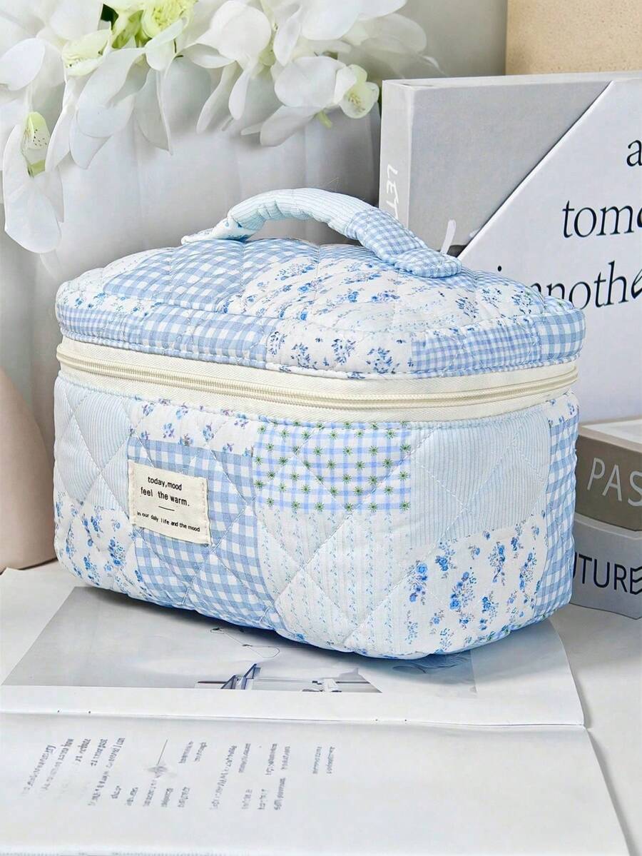 1pc/Set Blue Patchwork Pattern Makeup Bag, Fashionable Large Capacity Multi-Compartment Women's Handbag, Multi-Functional Travel Toiletry Bag, Storage Bag, Organizer Bag For Cosmetics, Makeup Tools And Other Items, Holiday Gift Souvenir