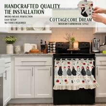 1PC Kitchen Curtain, Kitchen Decor, Multi-Functional Oven Protective Curtain, Cute Black & White Chicken Pattern With Red Flowers, Polyester Fabric With Ruffle Hem And Tie-Up Top - Multicolor - View 6