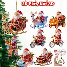 2D Flat 1/8pcs Set New Fun 2D Embossed Wooden Home Decor Christmas Santa Sitting On Various Christmas Vehicle Patterns Holiday Pendant Hanging Ornament Practical And Beautiful Decoration - Multicolor - View 6