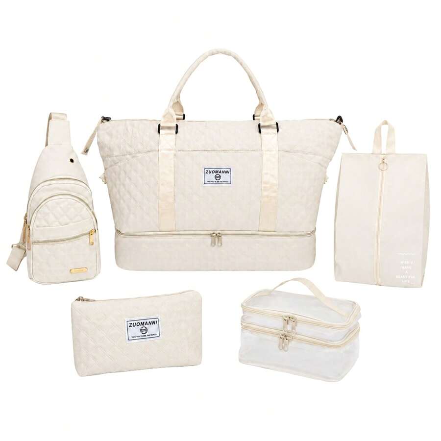 5‑In‑1 Travel Duffel Bag Set Quilted Weekender Tote With Shoe Compartment Cosmetic Pouch Sling Backpack For Travel - White - View 1