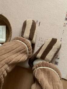 XIXITIAO Striped Thermal Slippers For Men And Women, Winter Anti-Slip Warm Home Soft Sole Couple Niche Colorblock Fuzzy Shoes - Dark Brown - View 5
