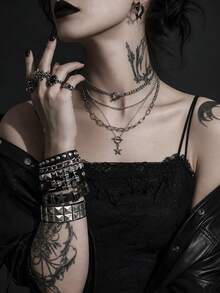 6Pcs Goth Punk Faux Leather Set, Skull Star Rivet Bracelets, Multi‑Layer Star OT Chain Necklaces & Spike Earrings, All‑Season Edgy Women Accessories - Multicolor - View 3