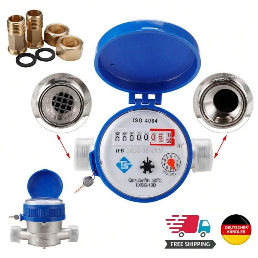 Cold Water Meter Tap Meter Water Clock Complete Set Calibrated 15mm 1/2" Garden- - A - Übersicht 1