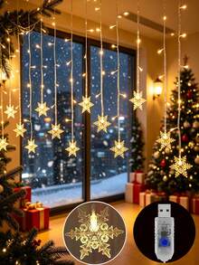 1pc Warm Tone LED Snowflake Curtain Light, 13ft/4m 96 LED Beads, 8 Modes, Indoor Decoration, Suitable For Christmas, Valentine's Day, Birthday Gift, Create Winter Atmosphere - Snowflake Curtain Lights - View 1