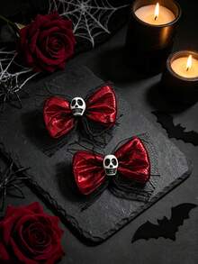 Women's Halloween Skull Bow Hair Clip, Red Soft Mesh Lace Bow Hair Accessory, Spooky Gothic Style Party Hair Decor, Multiple Colors Available - Skull Bow - View 1