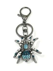 1pc Vintage Rhinestone Spider Keychain, Gothic Style Halloween Blue Cat Eye Pendant, Gunmetal Lobster Clasp Key Ring, Car Bag Charm, Halloween Gift - Multicolor - View 8