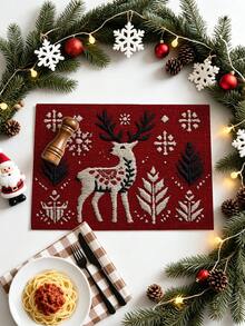1pc/4pcs/6pcs Christmas Holiday Decorative Tablecloth, Reindeer, Santa Claus, Christmas Tree, Snowflake Print, Suitable For Kitchen Dining Room Decoration Placemats, Holiday Party Table Decor, Home Decoration - Red - View 1