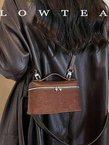 low tea 1pc Box-Shaped Suede Fabric Handbag With Adjustable Shoulder Strap, Suitable For Commuting, Shopping And More - Coffee - View 7