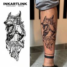 INKARTLINK 1PC Fenrir Wolf Howling Warrior Temporary Tattoo Sticker, Waterproof Body Art Tattoo Sticker, Lasts 2-5 Days, Water Transfer Colorful Tattoo Sticker, Suitable For Men And Women, Essential For People, Party Decoration, Holiday Celebration Body Decoration - Black - View 2