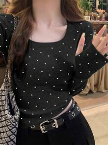 Autumn/Winter Sweet Cute Large Scoop Neck Apricot Polka Dot Women's Sweater - Black - View 1