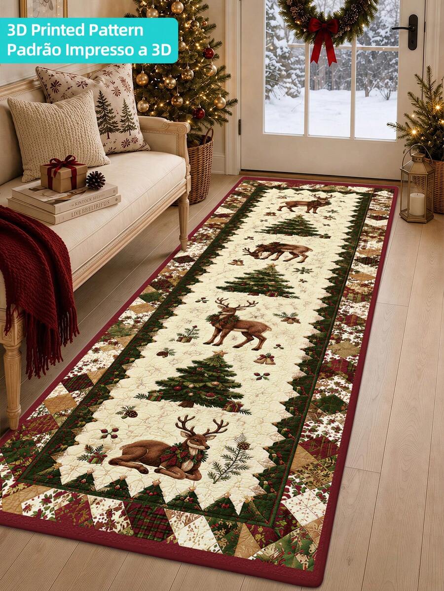 DAJIANG 1pc Christmas 3D Printed Long Runner Rug, Suitable For Bathroom, Kitchen, Outdoor, Hallway, Bedroom, Living Room, Machine Washable Easy To Clean Non-Slip Entryway Mat, Bedroom Decor Carpet Accessory