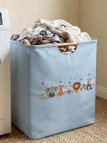 1PC Animal‑Print Open Storage Bin, Collapsible Laundry Basket Storage Bag With Wooden Handles, Household Foldable Hamper For Bathroom, Dirty Clothes Storage Bucket - Multicolor - View 5