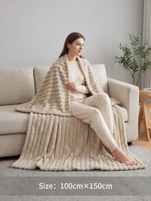 1pc Solid Color Striped Soft Warm Plush Blanket, Room Decor Multi-Functional Throw Blanket, Halloween Decoration Suitable For Bed, Sofa, Travel, Office, Bedroom Decor Home Decoration All Season Use, Christmas Decoration Halloween Is The Perfect Gift For Friends And Family - Light Khaki - View 15