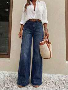 Plus Size New Women's High Quality Fashion Casual Loose Wide Leg Denim Jeans, Comfortable For Daily Wear, All Seasons Spring - Dark Wash - View 2