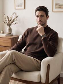 Men's Crew Neck Long Sleeve Solid Color Minimalist Casual Lightweight Knit Sweater For Fall & Winter - Coffee Brown - View 6