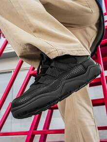GAISIMA Men's Wide Fit Pure Black Lychee Textured High-Top Sneakers, Casual Street Style Lace-Up Ankle Boots, Suitable For Daily Outdoor Wear In Autumn And Winter - Black - View 7