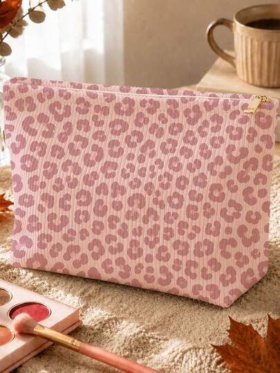 New Pink Leopard Print Corduroy Makeup Bag | Beauty Storage Bag | Travel Organizer Bag | Travel Essential | Toiletry Bag | Pool Storage Bag | Mother's Day Gift | Teacher's Day Gift | Autumn Thanksgiving Gift | Suitable For Mom, Teacher, Friend And Nurse | Autumn Essential | Home Essential | Easy To Clean Design | Portable Makeup Box | College Essential
