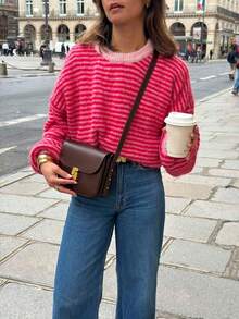 Women's Autumn/Winter Fashion New Minimalist Casual Versatile Home Daily Wear Round Neck Retro Striped Colorblock Loose Knit Sweater - Red - View 3