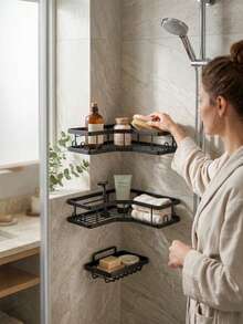 3/2/1pc No‑Drill Adhesive Corner Shower Shelf Set, With Soap Dish & 12 Hooks, Wall‑Mounted Space‑Saving Storage Rack, Practical Home‑DIY Supply, Hot Hardware For Shower Bath Room Household Tidy‑Up Projects - Multicolor - View 1