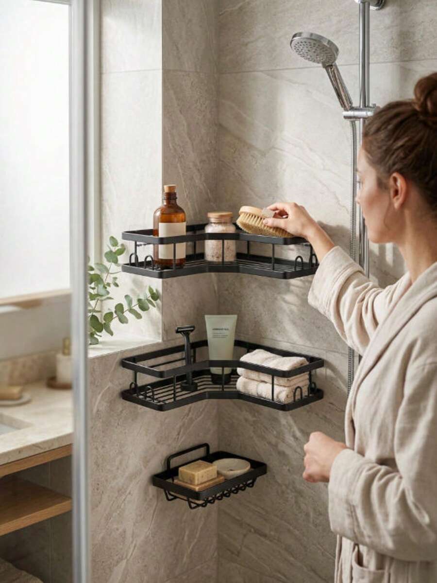 3/2/1pc No‑Drill Adhesive Corner Shower Shelf Set, With Soap Dish & 12 Hooks, Wall‑Mounted Space‑Saving Storage Rack, Practical Home‑DIY Supply, Hot Hardware For Shower Bath Room Household Tidy‑Up Projects - Multicolor - View 1