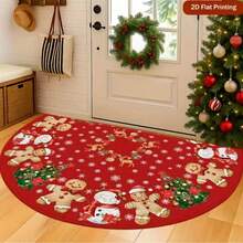 GEL HUT MUN 1pc Christmas Semi-Circular Door Mat, Decorated With Red Gingerbread Man And Snowflake Pattern, Suitable For Dust Trapping. This Non-Slip Mat Is Suitable For Indoor And Outdoor Use, Perfect For Entryway, Hallway, Garden And Kitchen, - C - View 4
