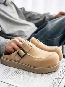 Men's Thick Sole Closed Toe Mule Sandals, Suede Leather Metal Buckle Contrast Stitching, Height Increasing Slimming Anti-Slip Wear-Resistant Summer Outdoor Beach Versatile Casual Comfortable Slippers - Khaki - View 2