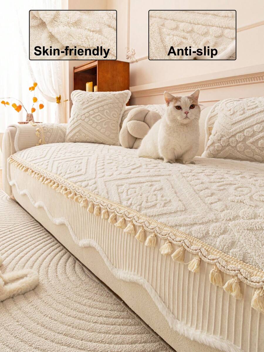 1pc Solid Color Soft Cotton Velvet Sofa Cover, Soft Skin-Friendly Machine Washable For Autumn/Winter, Pet Friendly All Season Use, Holiday Decor Furniture Protector, Suitable For 1/2/3/4 Seater Sofa Armrest Backrest Sofa Slipcover - Beige - View 1