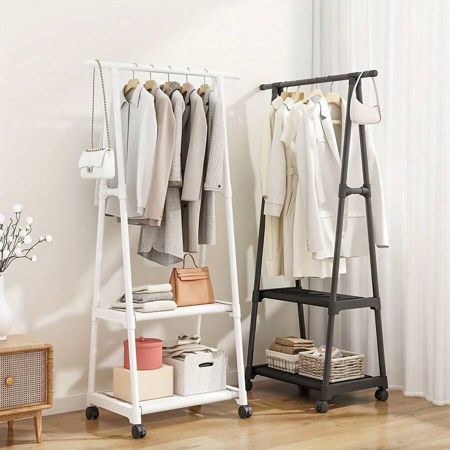 1 cái giá treo áo khoác đứng đa năng bằng kim loại, cột điều chỉnh được, thiết kế lưu trữ hai tầng, thanh trượt chống trượt, có bánh xe khóa, giá trưng bày gia dụng bền bỉ - Nhiều màu - Xem 1