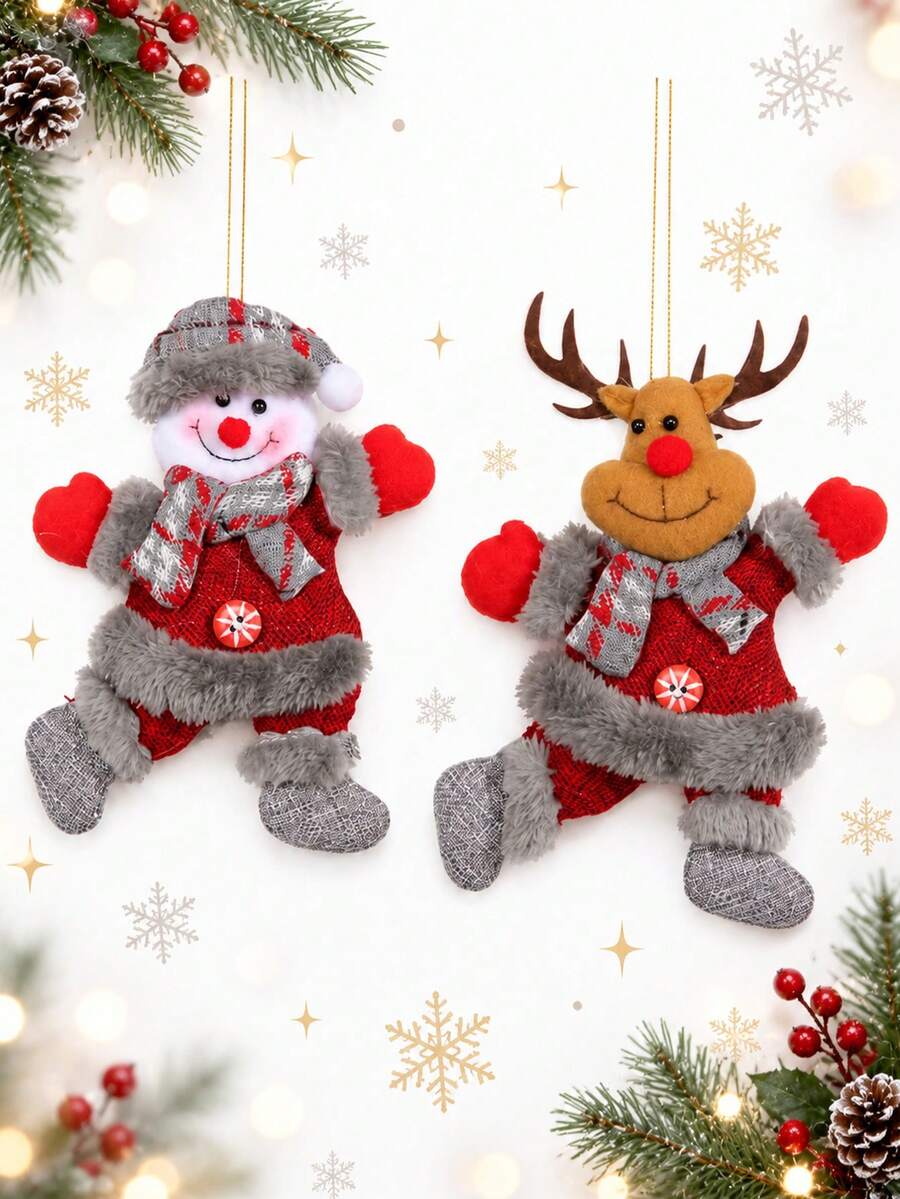 2pcs/1pc-Christmas 2D Plush Snowman And Reindeer Decorations, Burlap Material Christmas Tree Hanging Ornaments, Christmas Tree Decor, Christmas Ornaments, Christmas Party Supplies, Room Decor, Home Decor, Puppet Decoration Pendant, Christmas Tree Hanging Decor, Wreath Decoration, Gift Box Decoration, Holiday Party Accessories, Winter Decor, Snowman Reindeer Hanging Ornaments, Lightweight Holiday Hanging Decor, Vintage Tree Hanging Rack - Multicolor - View 1