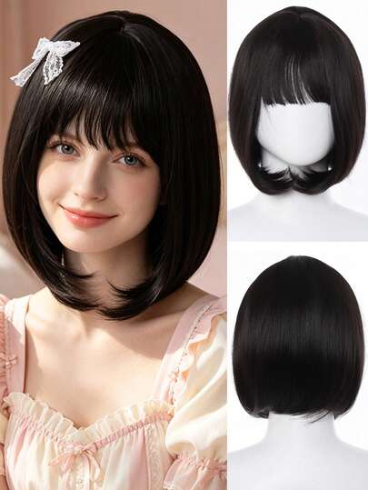 12 Inch Black Straight Bob Wig With Bangs, Elegant Short Hair, Suitable For Holiday Party And Date Styling