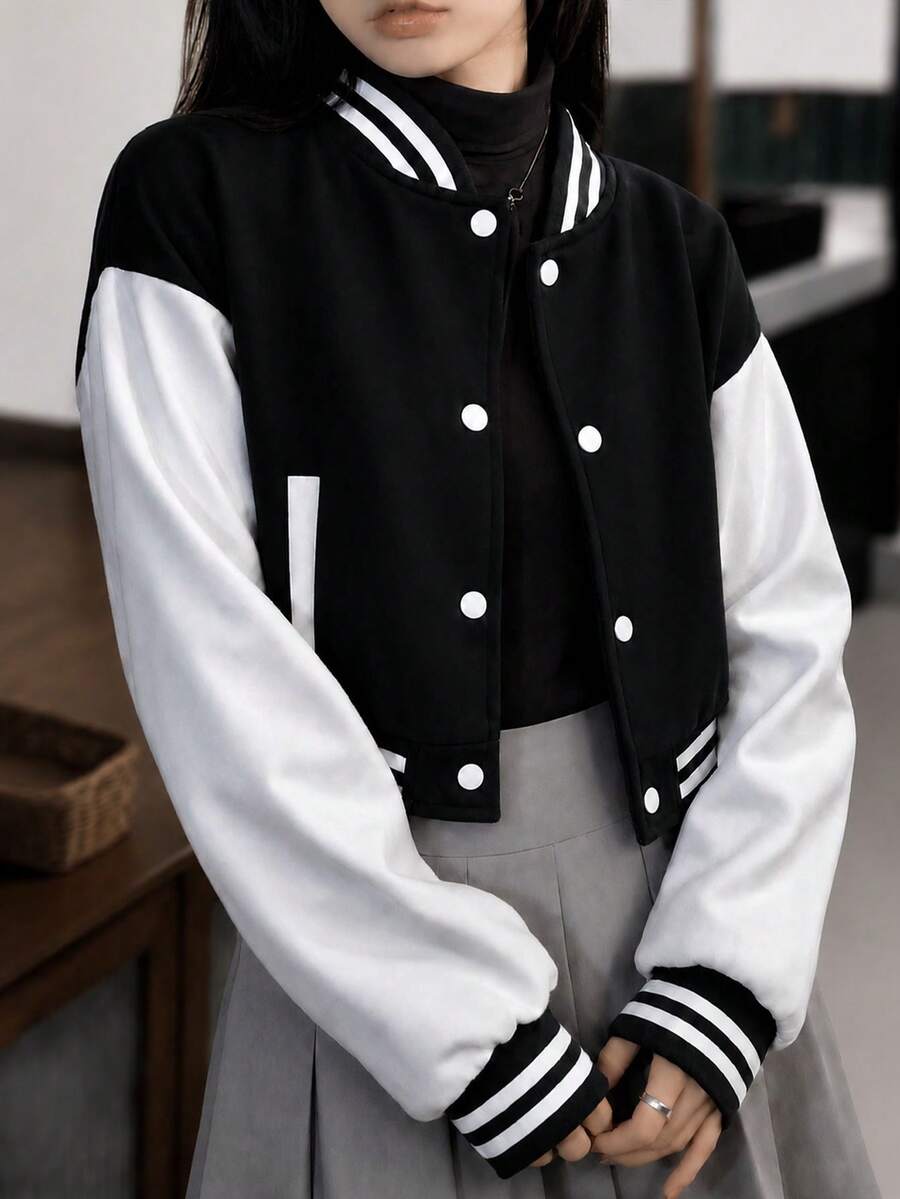 1pc Tween Girls' Raglan Color Block Casual Baseball Jacket, Fashionable & Versatile For Autumn/Winter - Black - View 1