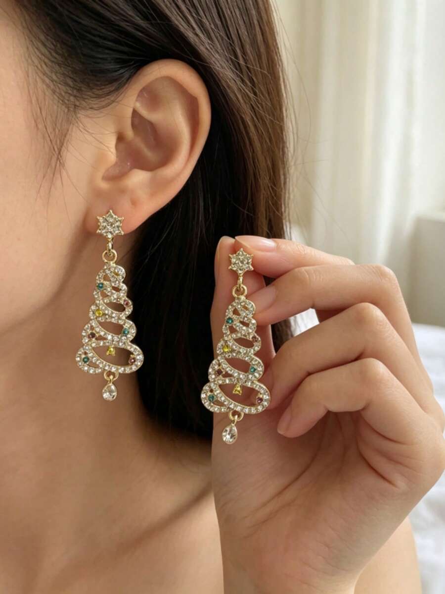 1 par de pendientes con forma de árbol de Navidad, de moda y personalizados, adecuados para el uso diario de las mujeres - Dorado - Ver 1